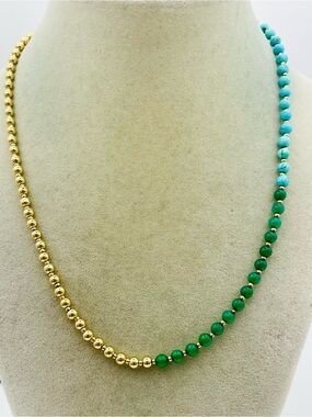 16K Gold Plated Beaded Necklace with Malachite & Blue Howlite Beads. 18 inches l